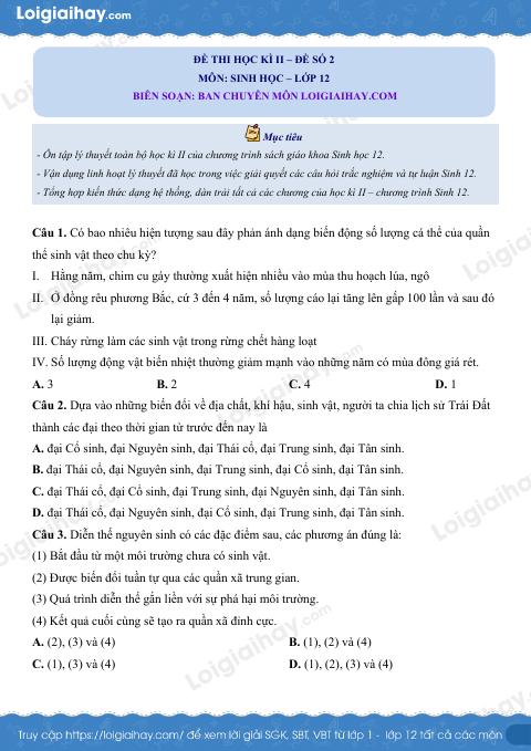 Đề số 2 – Đề kiểm tra học kì 2 – Sinh 12